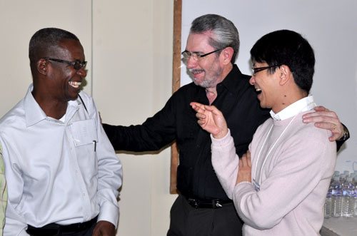 Laughter: the universal language. L-r: Isaac Nugent (Jamaica), Denis Casco (Mexico), Ajiax Wo (Hong Kong).