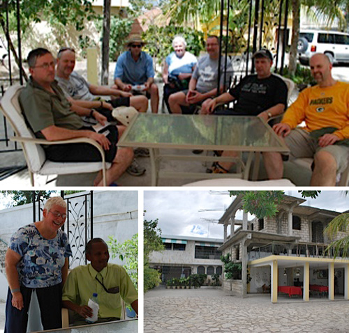 Top: the entire team together (with Joan behind the camera). Bottom right: the guest house. Bottom left: Joan Sider and Pastor Wedemarc, a professional engineer. 