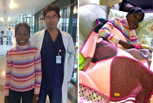 Right: By the time she met her surgeon, Hermmy's smile had returned. Dr. Honjo was surprised, too, that she was going home. Left: Hermmy back at Joan's place, on the couch with one of her prayer blankets.