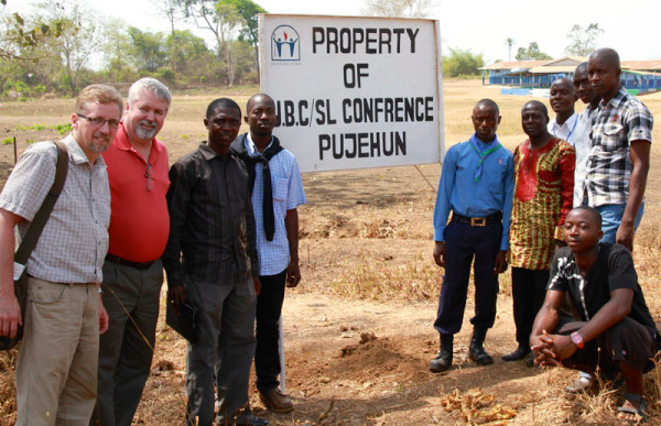A visit to Pujehun in February 2013. L-r: Jeff Bleijerveld, Bishop Phil Whipple, Bishop John Pessima with Sierra Leone leaders and workers in Pujehun.