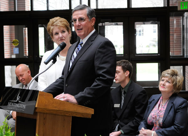 Dr. G. Blair and Chris Dowden speaking at the dedication service on April 24. Dr. Sherilyn Emberton, current president of Huntington University, is on the right.