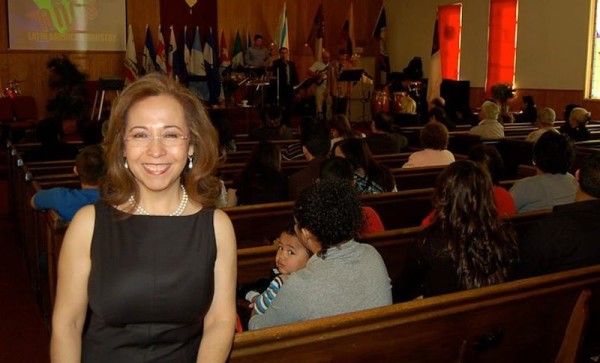 Reina Casco at the Glendale Hispanic church which she pastors in the Los Angeles area.